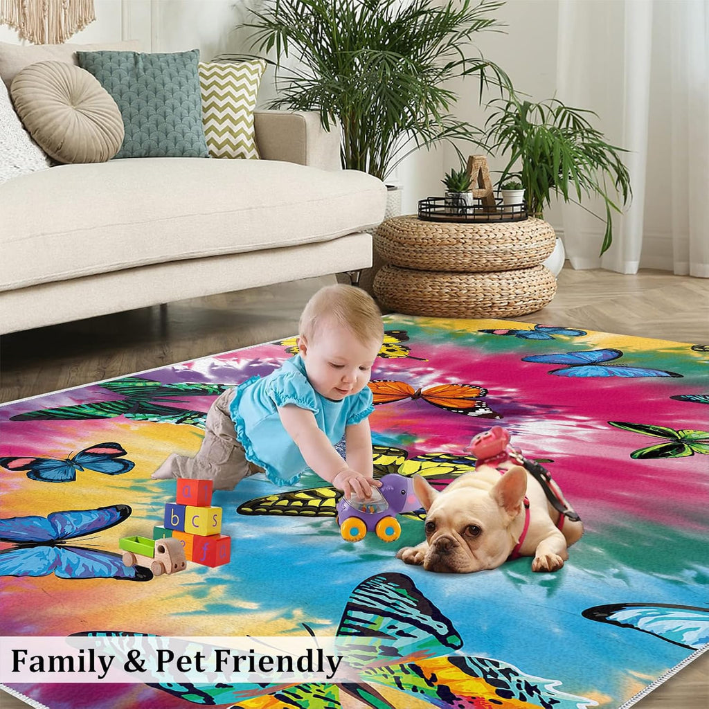 Flying Butterfly Girls Area Rug, Retro Flower Rugs for Living Room, Easy Clean Carpet Washable Indoor Non-Slip Rug for Boys and Girls Nursery Bed Living Room Carpets Nursery Decor,6 x 8ft