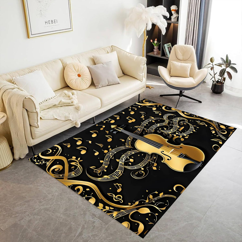 Musical Notes Area Rug, 6x8ft Gold Musical Notes Sheet Music Living Room Decorative Rug, Soft Violin Pattern Non-Slip Rubber Backing Low Pile Durable Rug，Washable No Shedding Office Rug
