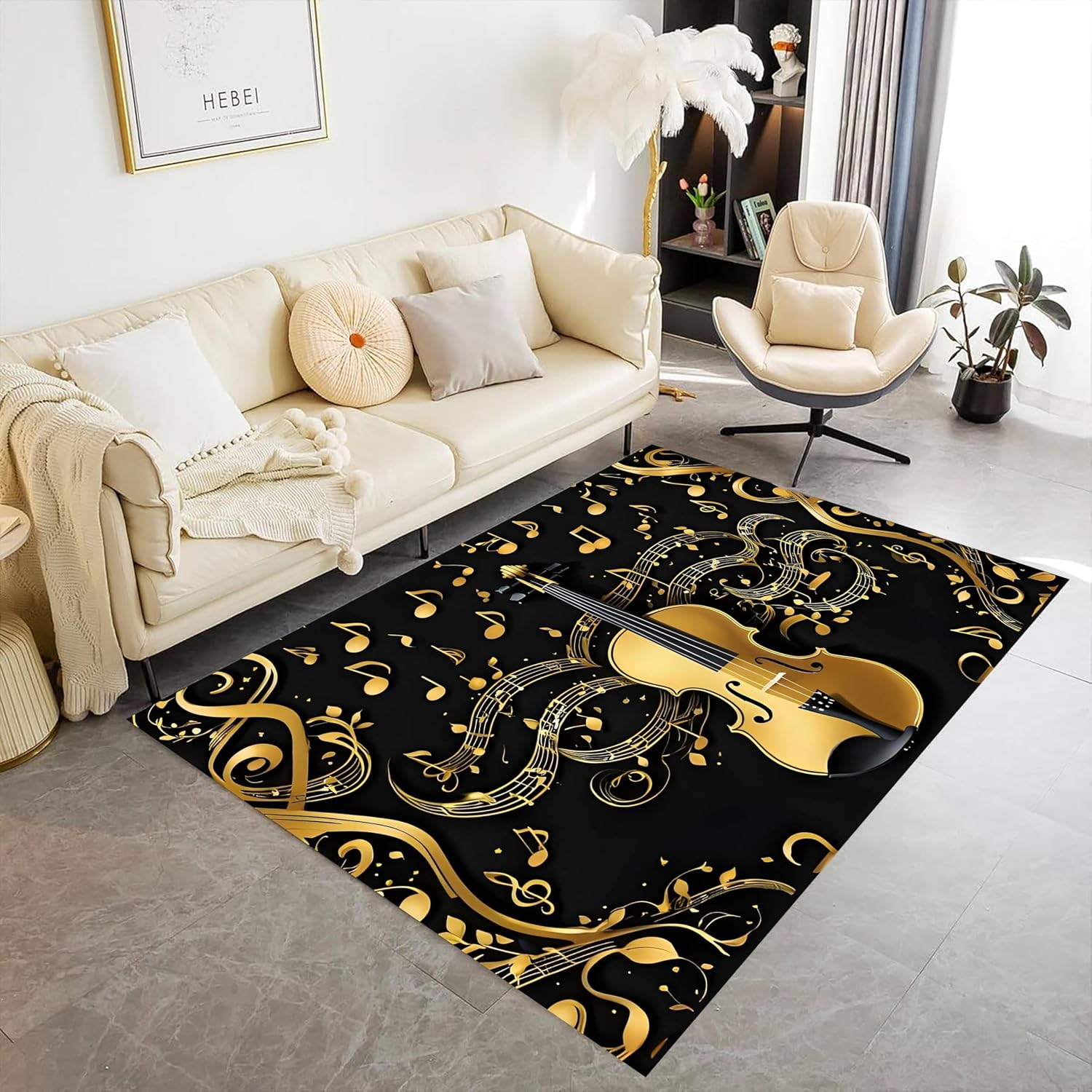 Musical Notes Area Rug, 6x8ft Gold Musical Notes Sheet Music Living Room Decorative Rug, Soft Violin Pattern Non-Slip Rubber Backing Low Pile Durable Rug，Washable No Shedding Office Rug
