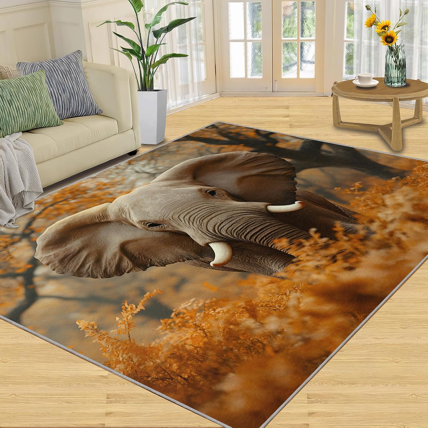 Elephant Rug 6x8, Forest Rugs for Bedroom, Animal Rugs for Living Room, Washable Area Rug for Boys Girls Room, Non Slip & Low Pile Carpet