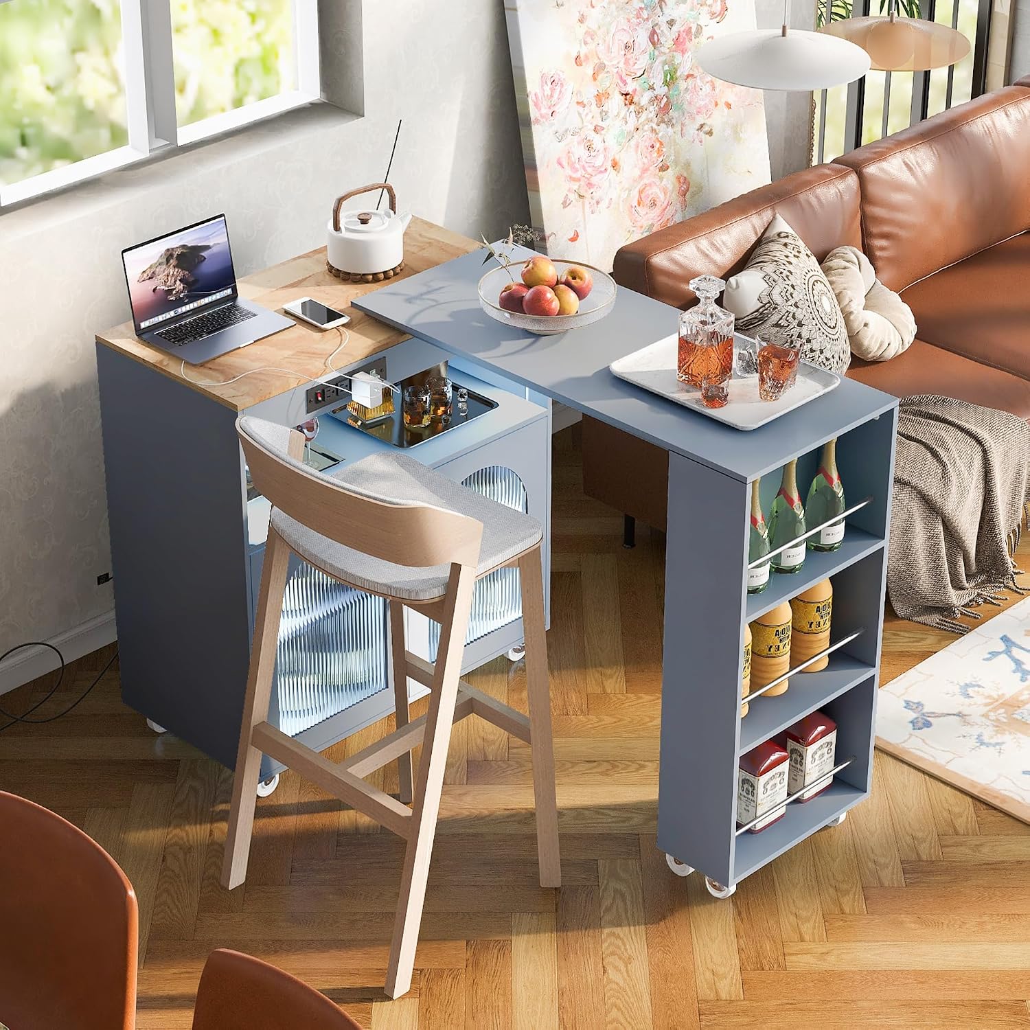 Merax Kitchen Island with Extended Table, Rolling Kitchen Islands Cart with LED Lights, Power Outlets, 2 Fluted Glass Doors, Storage Compartment, and Side 3 Open Shelves (Grey Blue)
