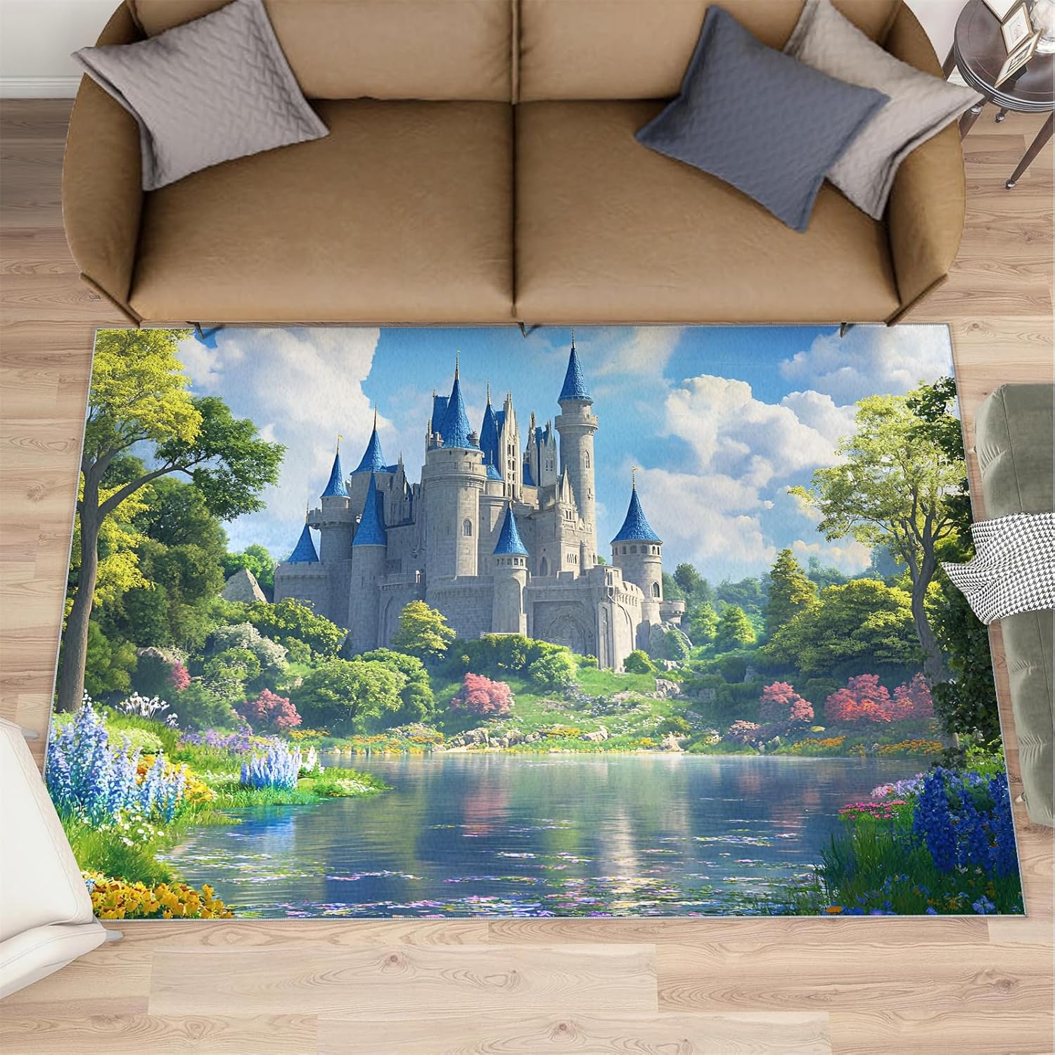 Castle Rug - 6x8 Rug, Nature Landscape Area Rugs for Bedroom, Green Forest Rugs for Living Room, Natural Scenery Washable Carpet, Landscape Home Decor & Gifts