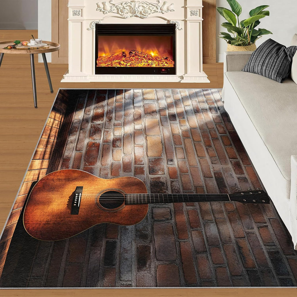 Guitar Rugs for Bedroom - 5x7 Rug, Music Area Rugs for Living Room, Brickwall Carpet, Boys Washable Mat, Guitar Home Decor & Gifts