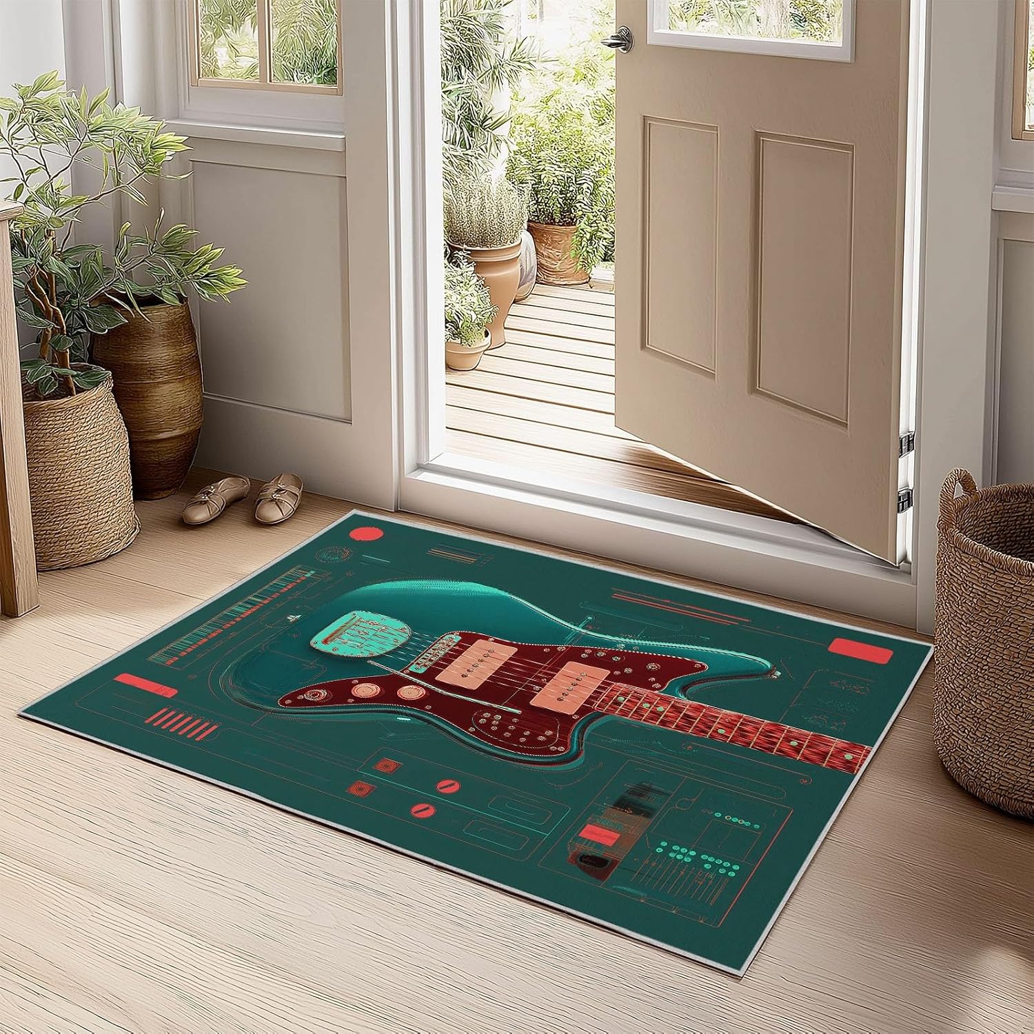 Retro Low-Pile Rug Electric Guitar Graphic 5 x 7 ft Area Rug, Dark Green Non-Slip Carpet Floor Mat Indoor Outdoor Rugs for Living Room Bedroom Kids Room Home Decor Throw Runner