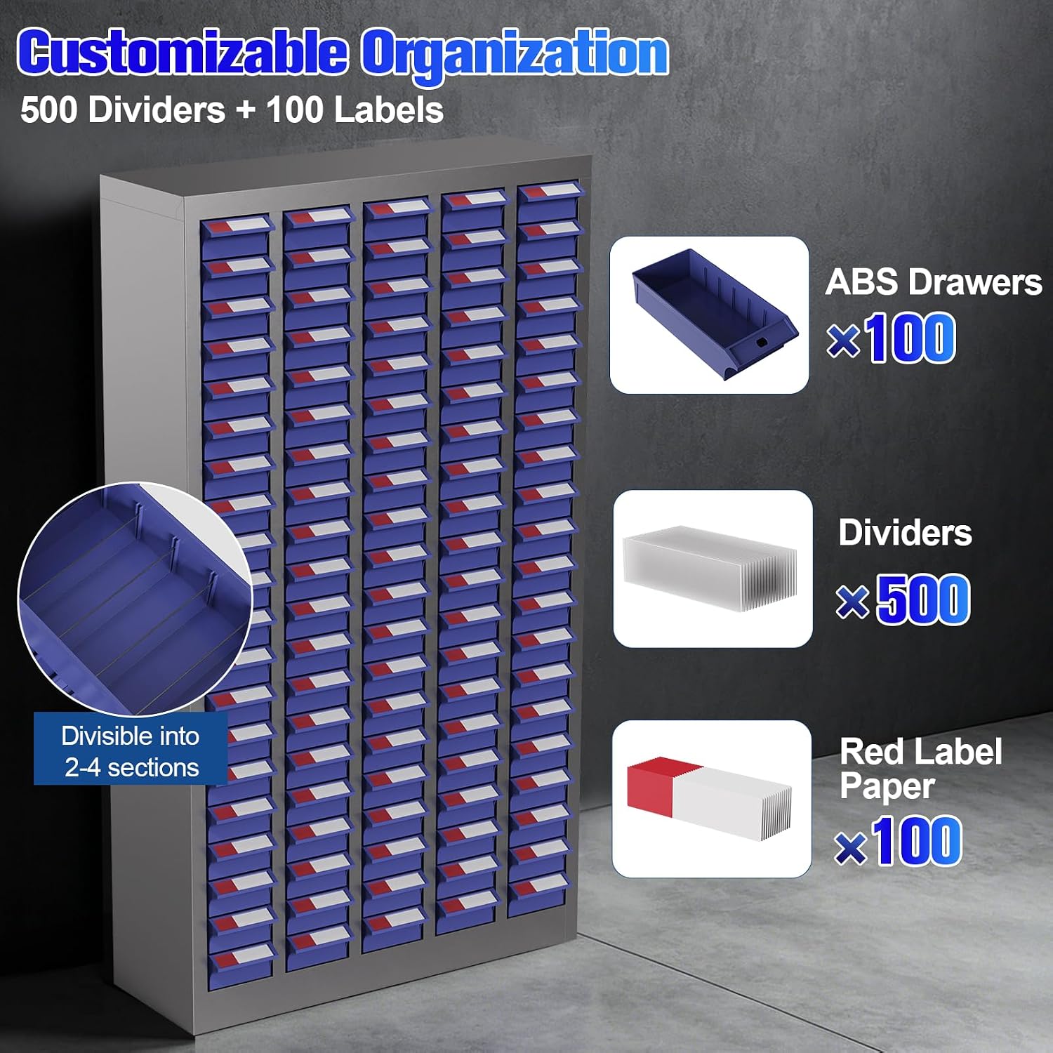 100 Drawers Nut and Bolt Organizer, 45 Inch Tall Steel Hardware Organizer with Adjustable Dividers & Labels, Large Capacity Heavy Duty Parts Cabinet for Garage Workshop Industrial Use