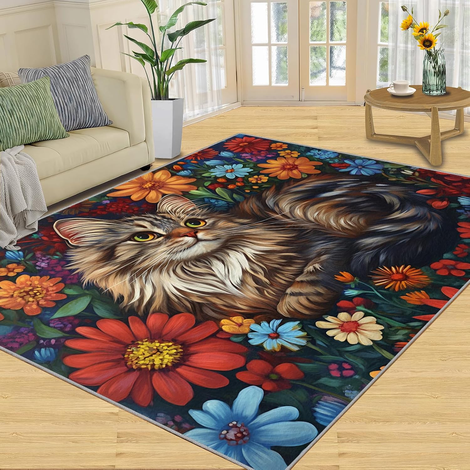 Floral Cat Rugs for Girls Room, Boho Colors Floral Area Rug, Washable Bedroom Rug for Front Entrance Floor Decor Floor Mat 6x8