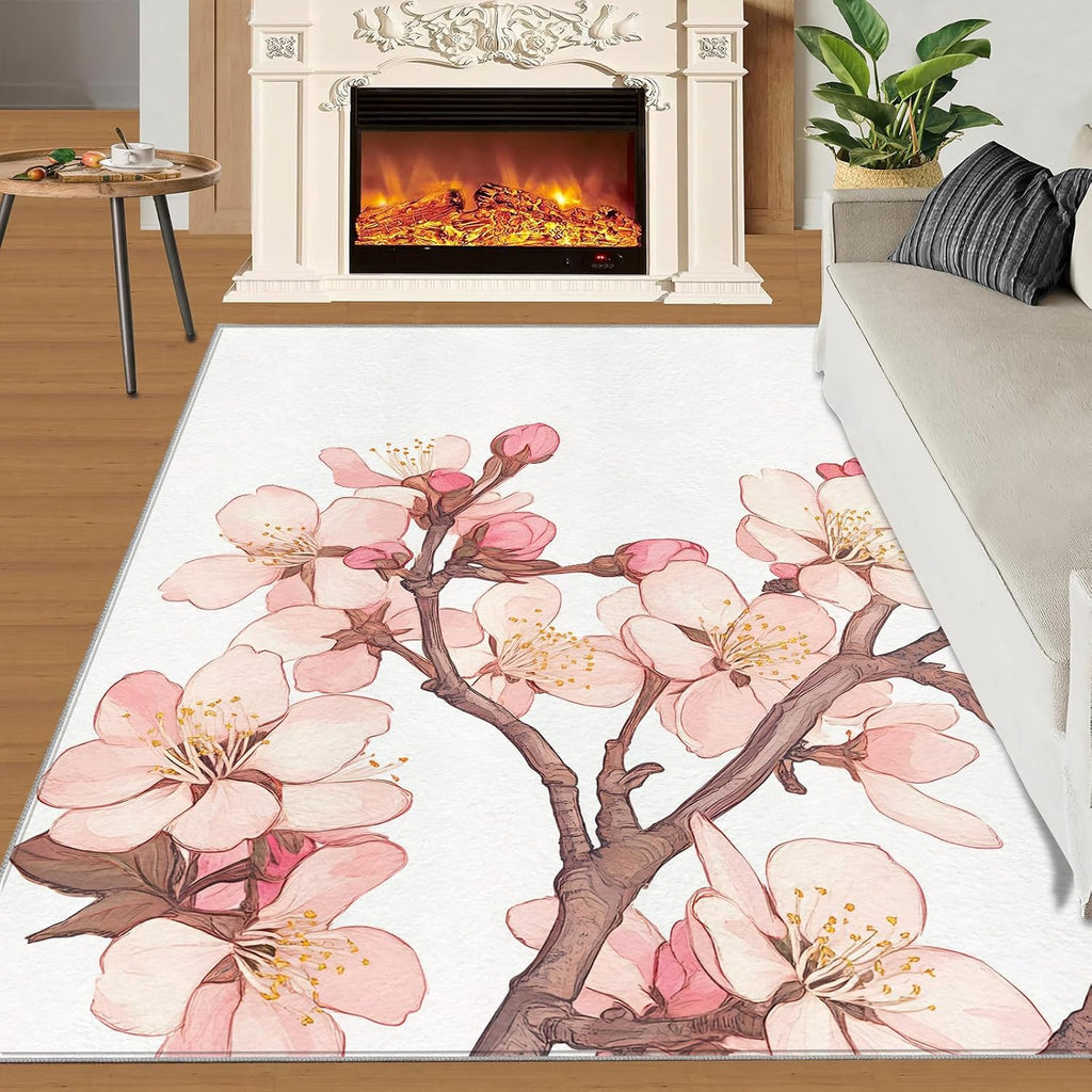 Cherry Blossoms Rug 6x8, Japanese Flowers Rugs for Bedroom, Pink Flowers Area Rug, Home Decor Rugs for Living Room, Non-Slip Machine Washable Carpet