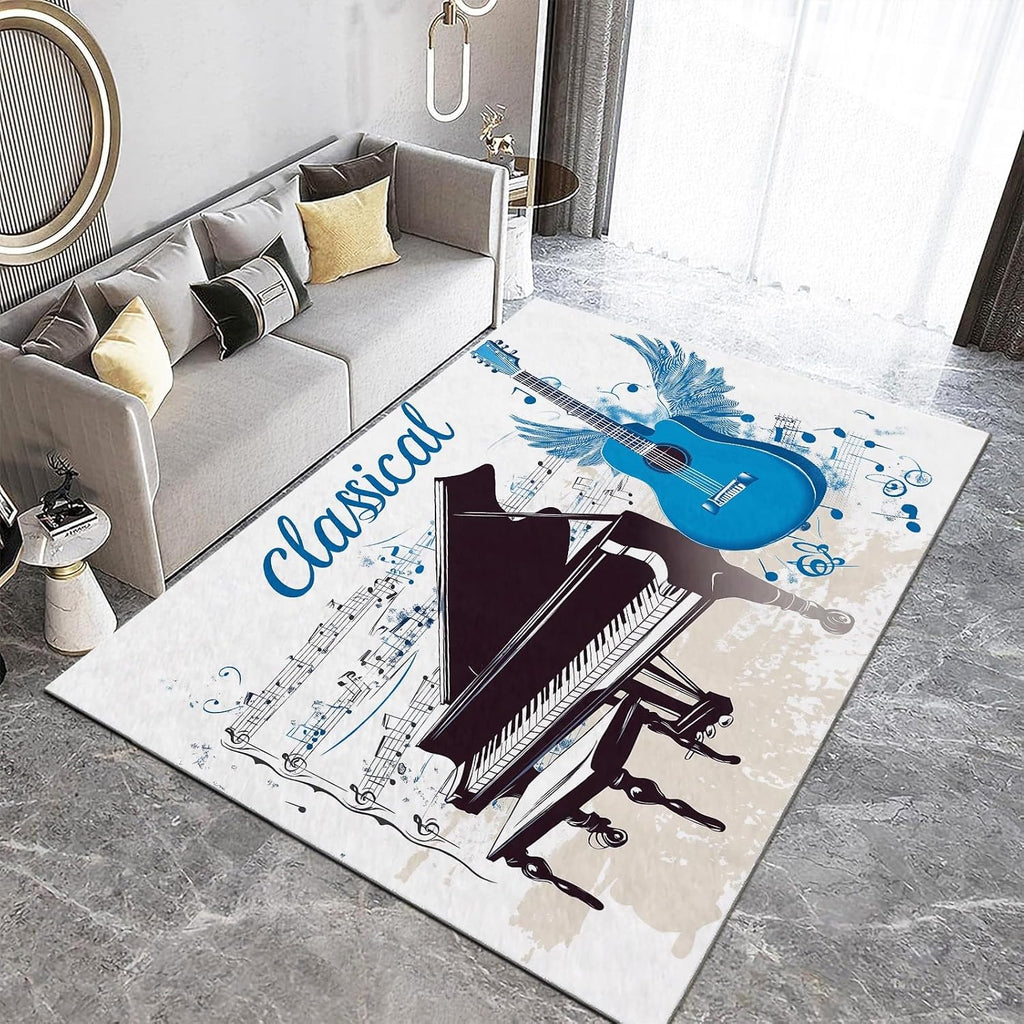 Living Room Area Rug 6x8 ft Piano Guitar Musical Instruments Modern Soft Low Pile Rugs, Indoor Non Slip Floor Carpet, Washable Area Rug for Bedroom Dining Room Kids Playroom Home Office