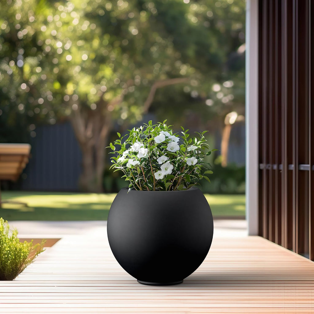 Kante Round Concrete Flower Pot, 19.3 Inch Dia (14' Opening) Sphere Shape Design Planter with Drainage Hole and Rubber Plug for Indoor & Outdoor Plants, Black Finish with Painted Interior