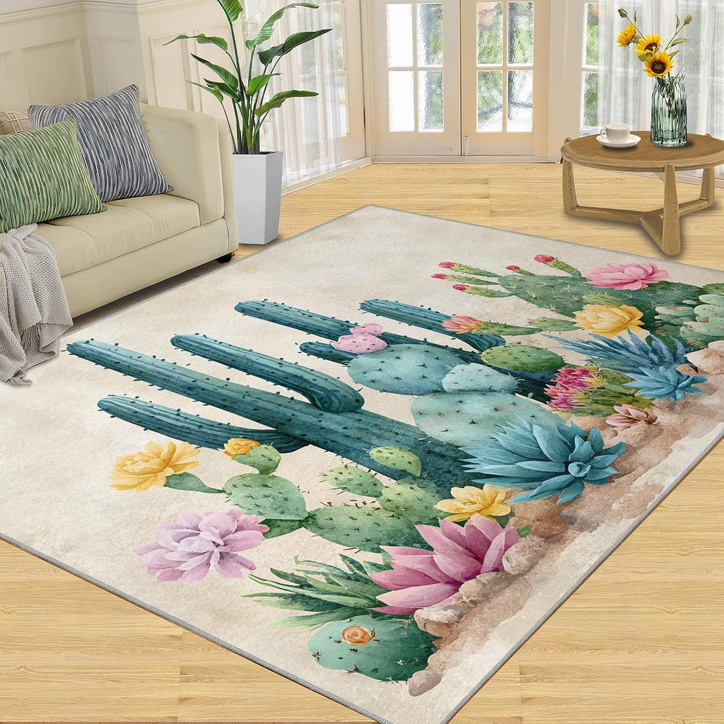 Cactus Rugs for Bedroom, Botanical Rug 6x8, Desert Cactus Dining Room Rugs Washable & Non Slip Large Carpet for Home Decor
