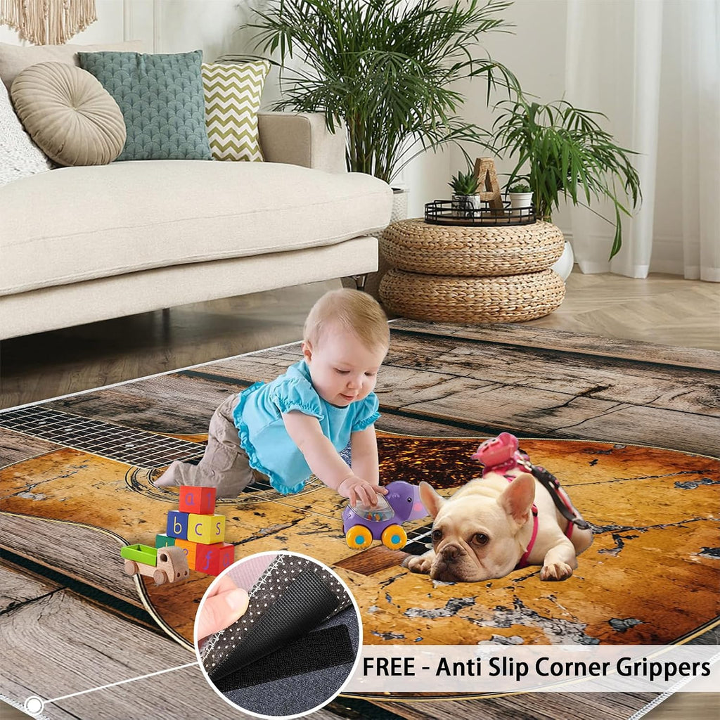 Guitar Area Rug 6x9, Country Guitar Rugs for Living Room, Music Bedroom Rug, Machine Washable Rugs for Sofa Kitchen Dining, Non-Slip Home Decor Carpet