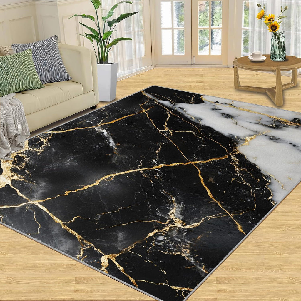 Marble Area Rug 6x8 - Black Gold Marble Large Rugs for Living Room, Luxury Abstract Carpet Area Rug for Girls Bedroom Kids Room Basement Office Classroom