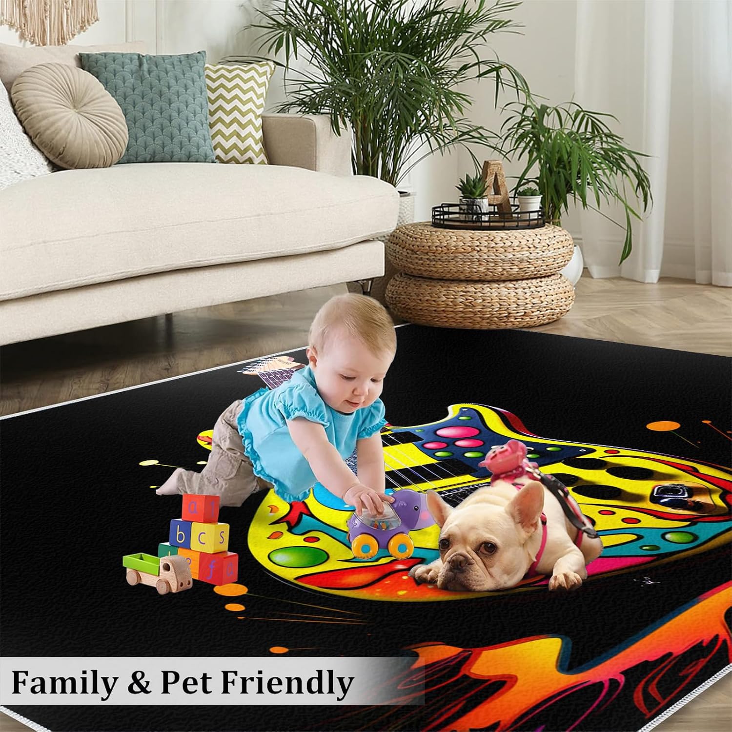 Guitar Home Decor Area Rug - Cool Guitar Bedroom Rug - Music Lover Living Room Rugs - Non-Slip Low Pile Carpet for Kids Room Band Recording Studio 6x8ft
