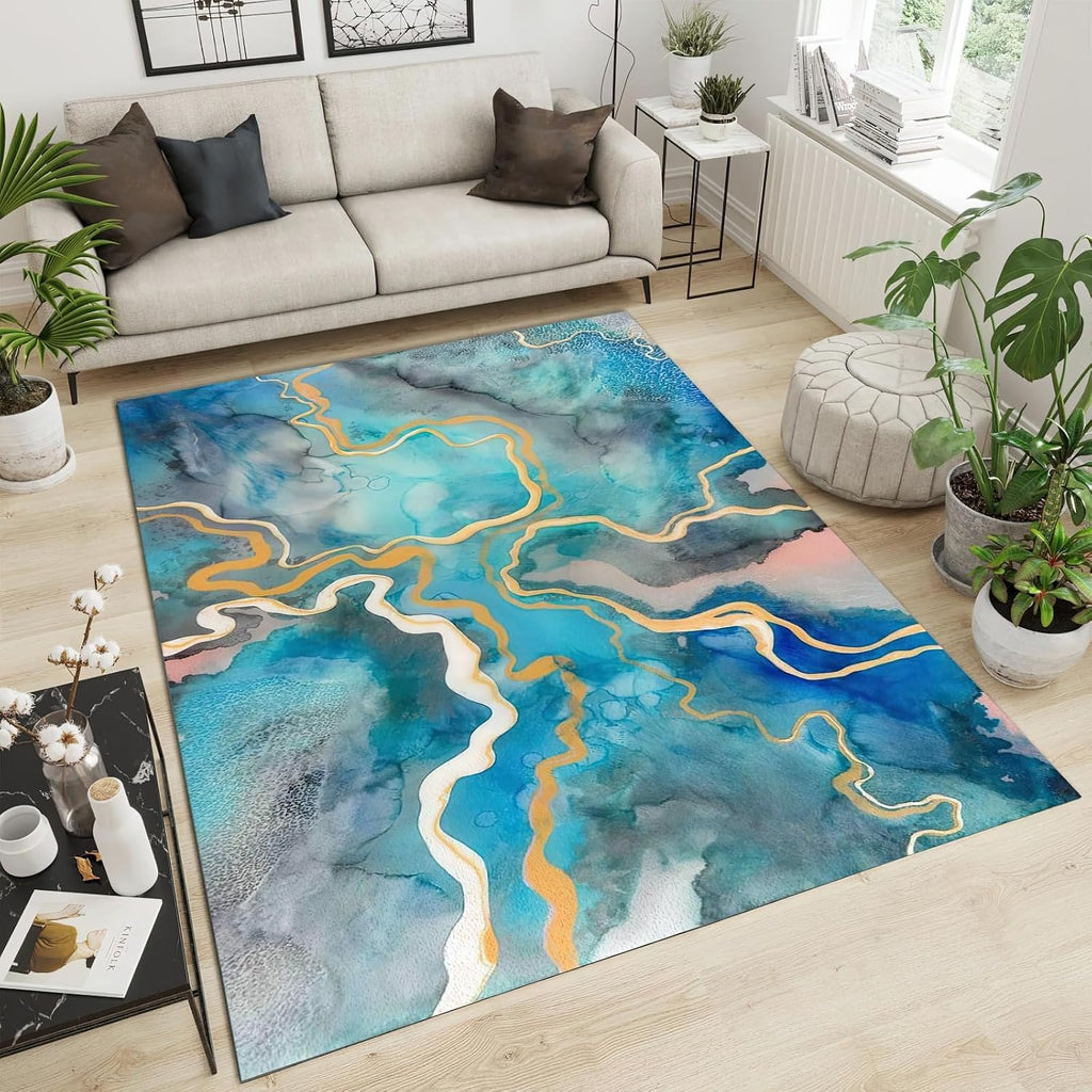 6x8 Rug Blue Gold Gray Marble Easy Clean Rug, Watercolor Ink Texture Soft Non-Skid Carpet Throw Rugs for Kids Teen Girls Boys Bedroom, Living Room Bathroom Classroom Office