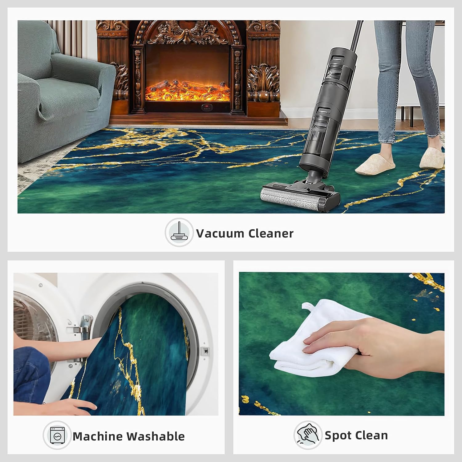Navy Blue Stone Marble Area Rug, Gold Giltter Rugs for Living Room, Indoor Non-Slip Kids Rugs, Machine Washable Breathable Durable Carpet for Front Entrance Floor Decor,6 x 8ft