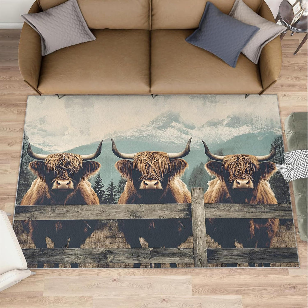 Highland Cattle Rug, Farmhouse Rugs for Bedroom 5x7 Rug, Cow Area Rug, Rugs for Living Room, Non Slip Washable Carpet for Kids Room Home Decor