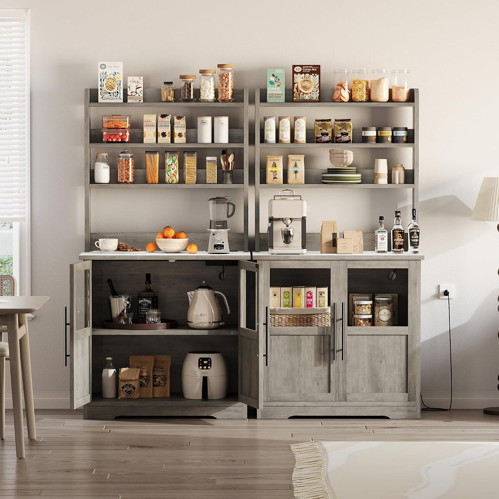 6-Tier Kitchen Bakers Rack,Storage, Power Outlet, and Glass Doors,Rustic Wood Coffee Hutch, Microwave Stand with 3 Open Shelves for Kitchen, Living Room, Dining Room,Gray
