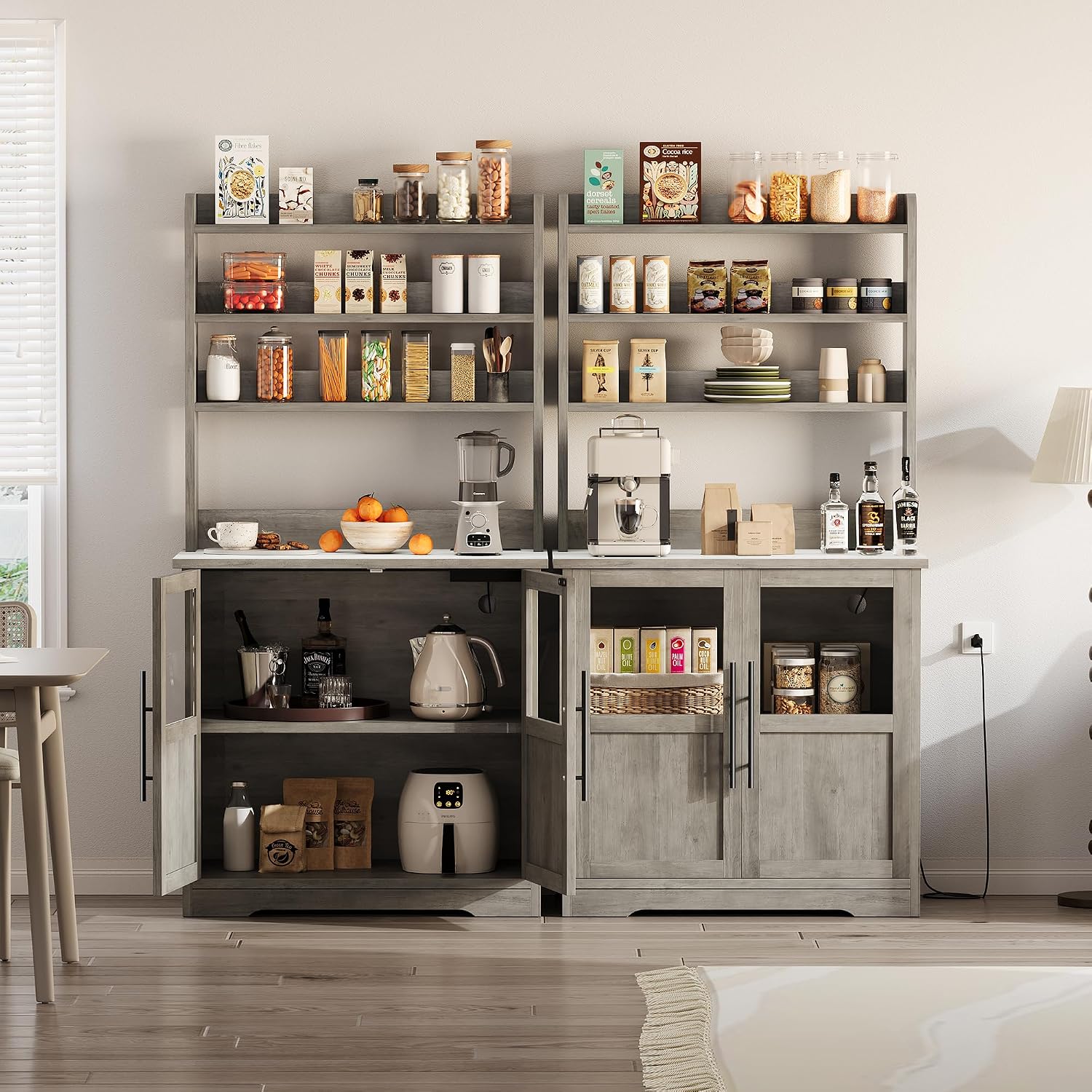 6-Tier Kitchen Bakers Rack,Storage, Power Outlet, and Glass Doors,Rustic Wood Coffee Hutch, Microwave Stand with 3 Open Shelves for Kitchen, Living Room, Dining Room,Gray