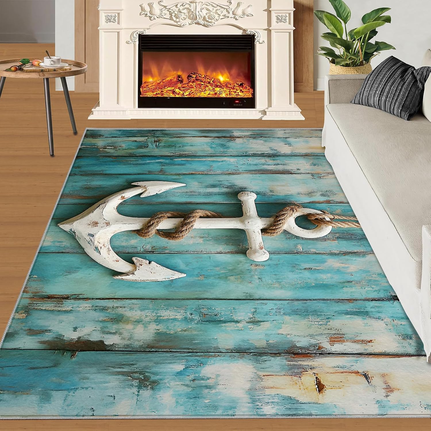 Anchor Rug 6x8, Retro Wooden Boards Rugs for Bedroom, Nautical Theme Area Rug, Non Slip Washable Rugs for Living Room Farmhouse, Indoor Low Pile Decor Carpet