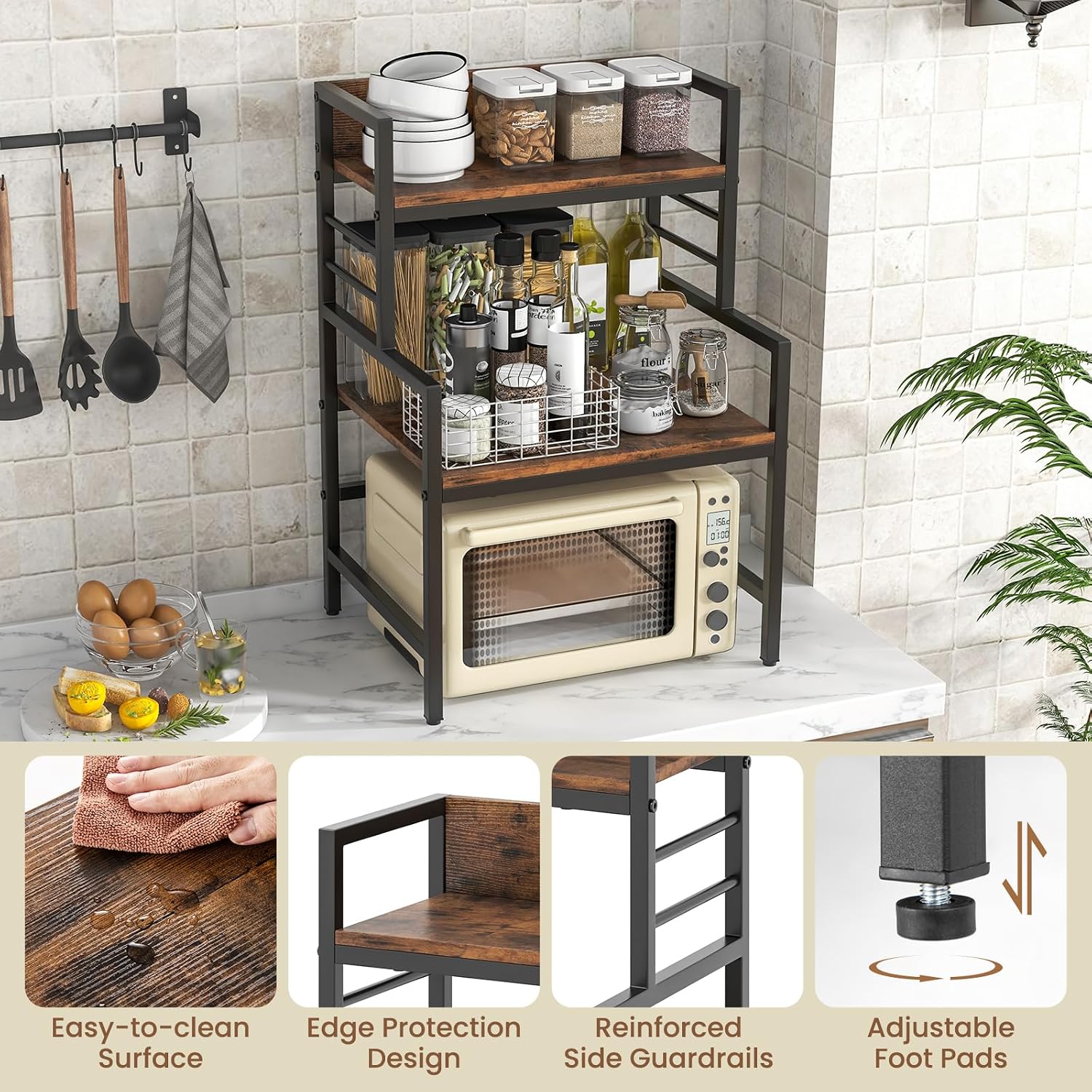 TANGZON 3-Tier Baker's Rack, Industrial Microwave Oven Stand with 2 Anti-tipping Kits & Adjustable Foot Pads, Metal Frame Utility Kitchen Storage Shelves Organiser for Dining Living Room