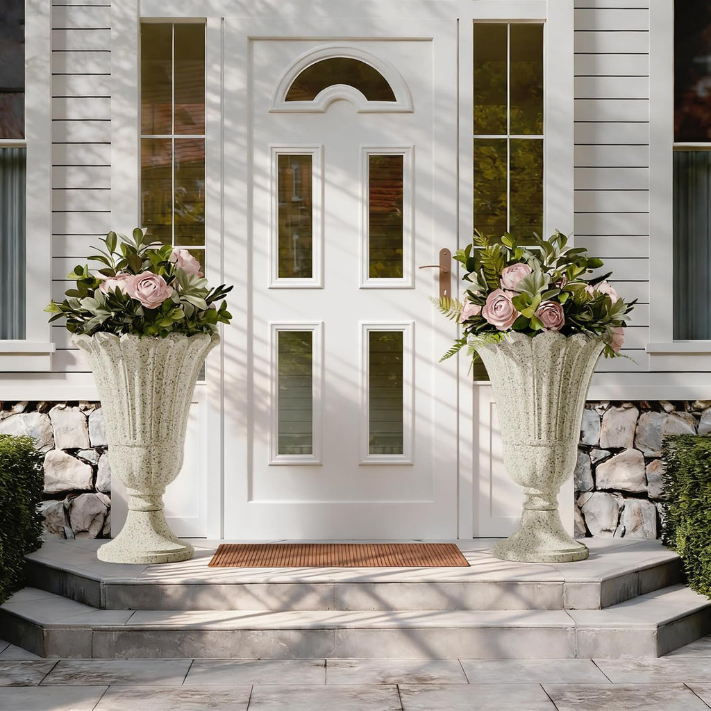 Plastic Urn Planters Set of 2, 23.6' Tall Pedestal Planter with Drainage Holes, Vintage Petal Garden Planter Urns for Front Porch, Large Plant Urns Outdoor & Indoor Flower Pots, Beige
