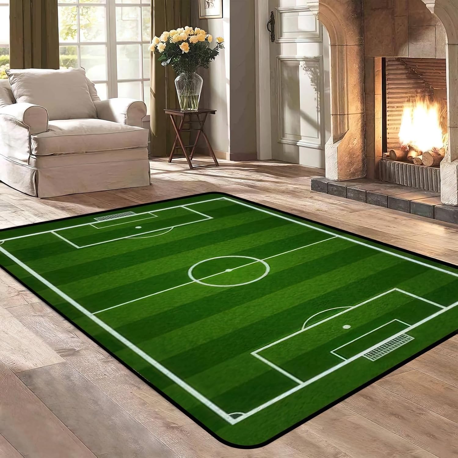 Green Football Field Area Rug, Youth Football Indoor Non Slip Living Room Rug, Machine Washable Breathable Durable Carpet for Living Room Entryway Bedroom Dormitory - 5 ft x 7 ft