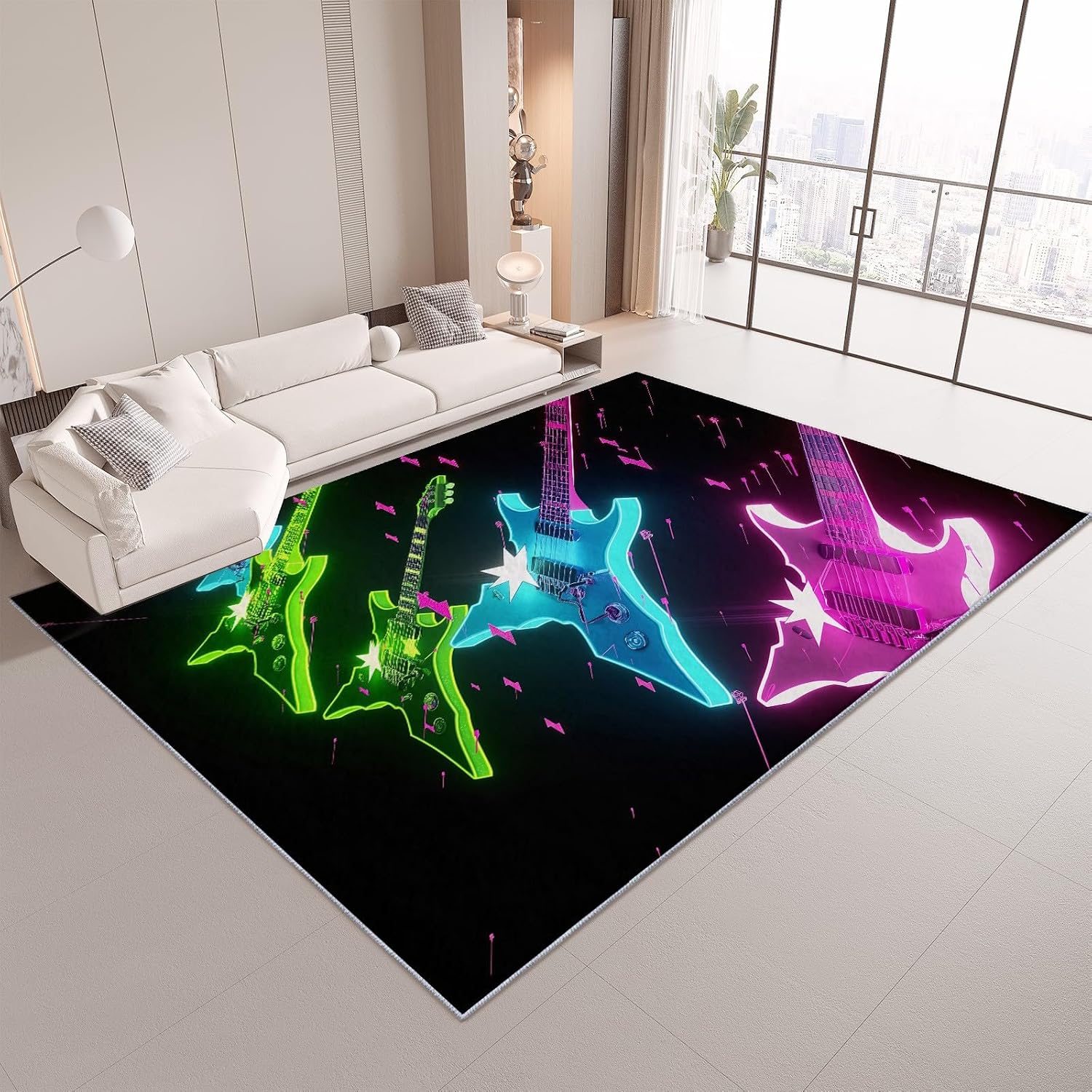 Washable Area Rugs 6x9 ft Colorful Guitar Musical Instrument Living Room Rug Non-Slip Indoor Floor Carpet for Bedroom Nursery Kids Playroom Office Dining Room Home Decor