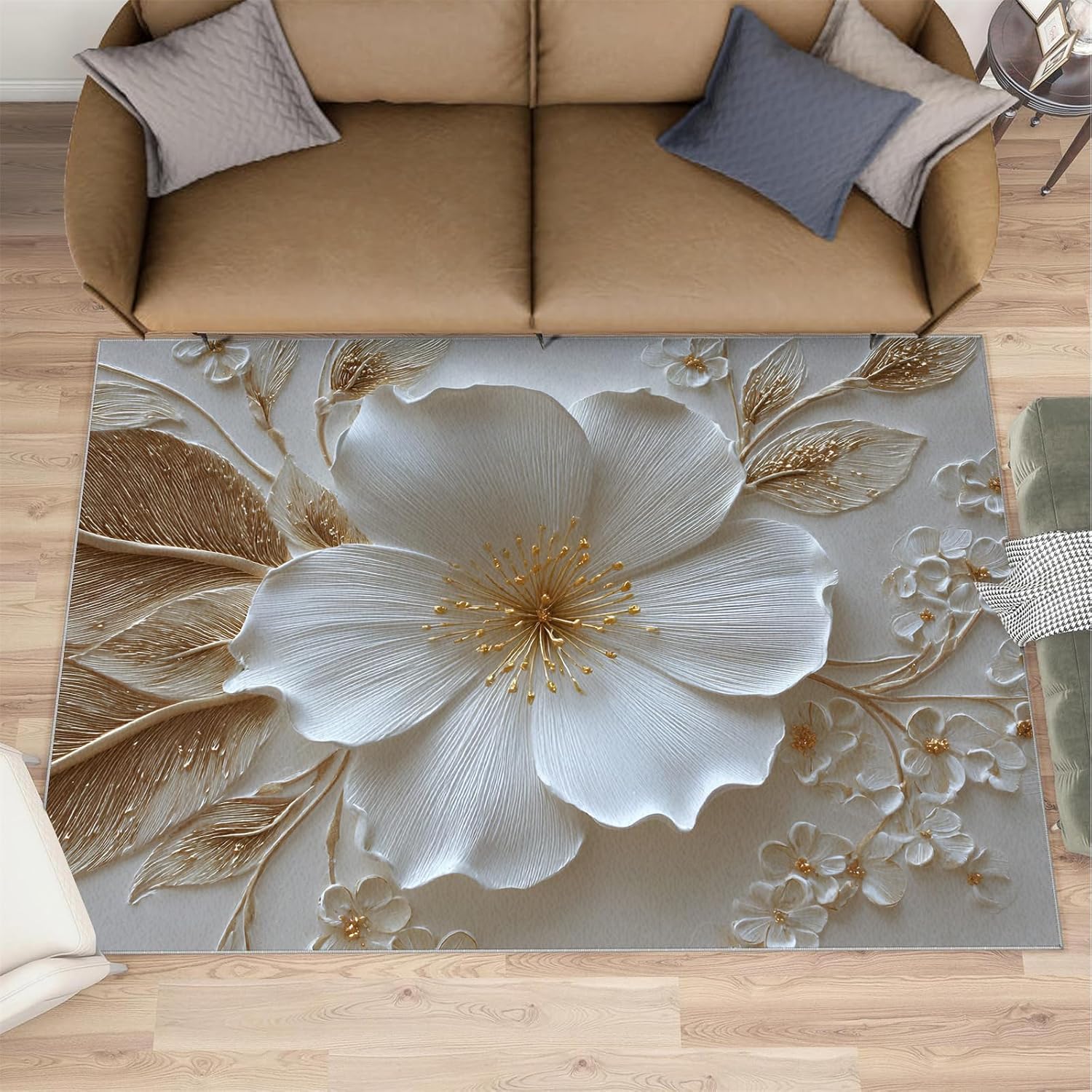 3D Relief Floral Rugs for Bedroom, Modern Relief Rug 6x8, Stereo White Flowers Dining Room Rugs Washable & Non Slip Large Carpet for Home Decor