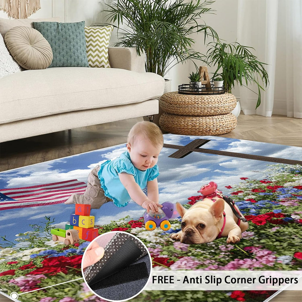 Independence Day Rugs for Bedroom, Memorial Day Rug 6x8, Patriotism Dining Room Rugs Washable & Non Slip Large Carpet for Home Decor