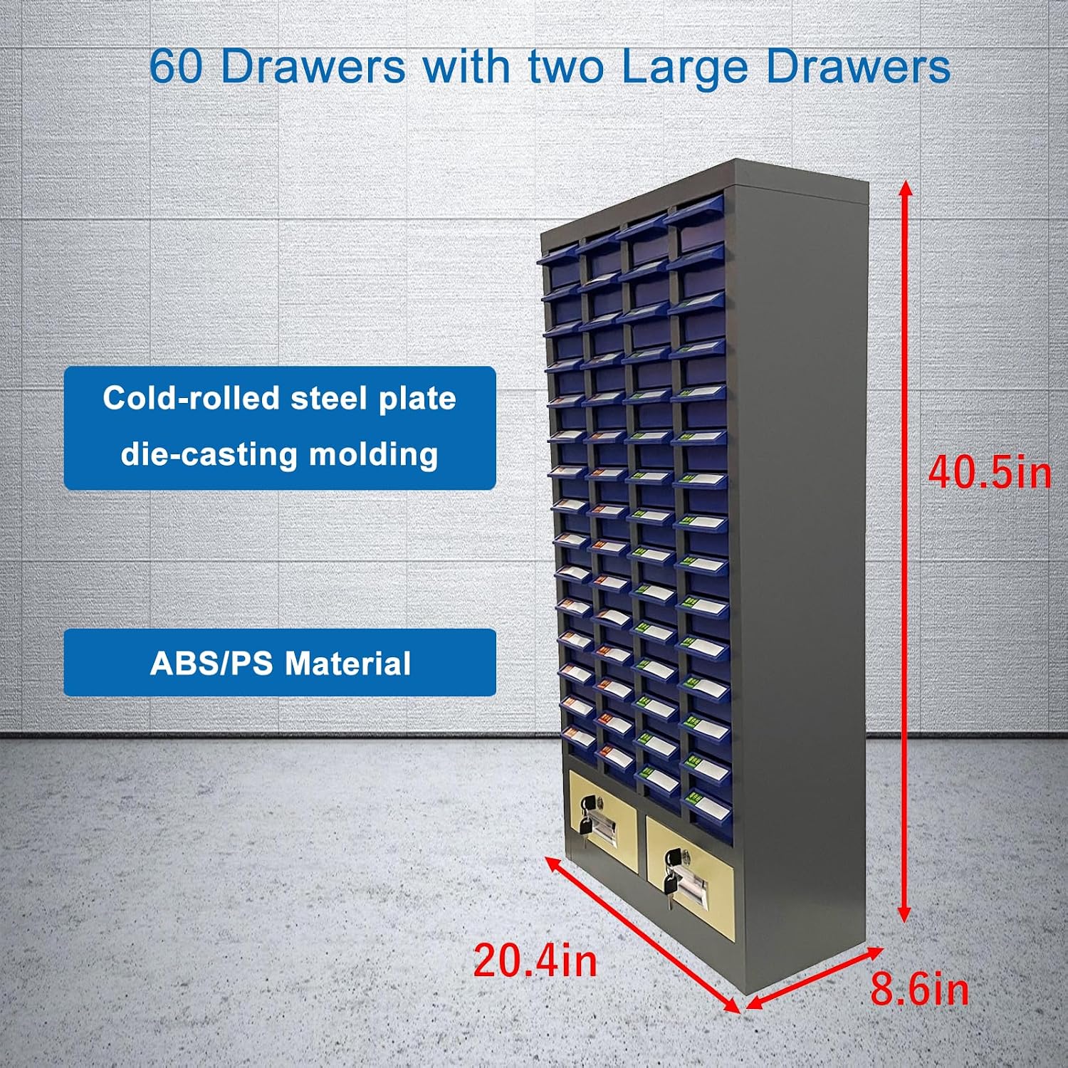 Parts Cabinet 60 Drawers Tool Storage Cabinet Without Door Hardware Organizer with 2 Large Drawers for Nut and Bolt Samples and Electronic Components