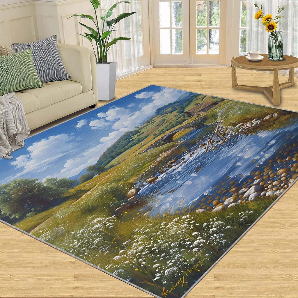 Area Rug 6x8ft, Grassland Lake Rugs, Nature Landscape Area Rug, Upholstery Carpet with Non-Slip Backing, Soft Washable Rug for Living Room Kids Boys Girls Bedroom Study Room