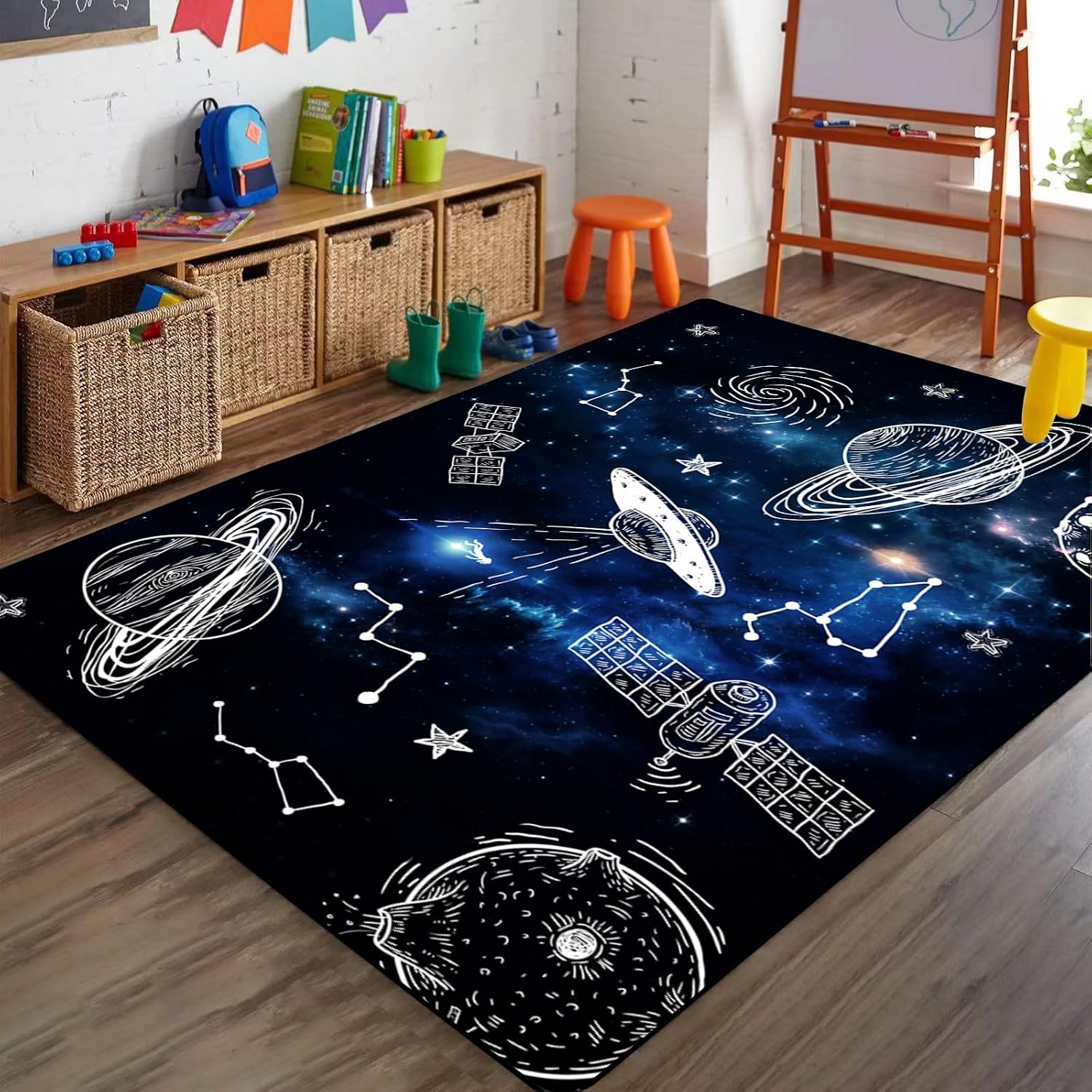 Space Rugs for Bedrooms, 6x8ft, Solar System Galaxy Night Indoor Throw Carpet, Machine Washable Science Rug for Classrooms, Soft Anti-Slip Noise Reduction Throw Rugs for Hallway Floors
