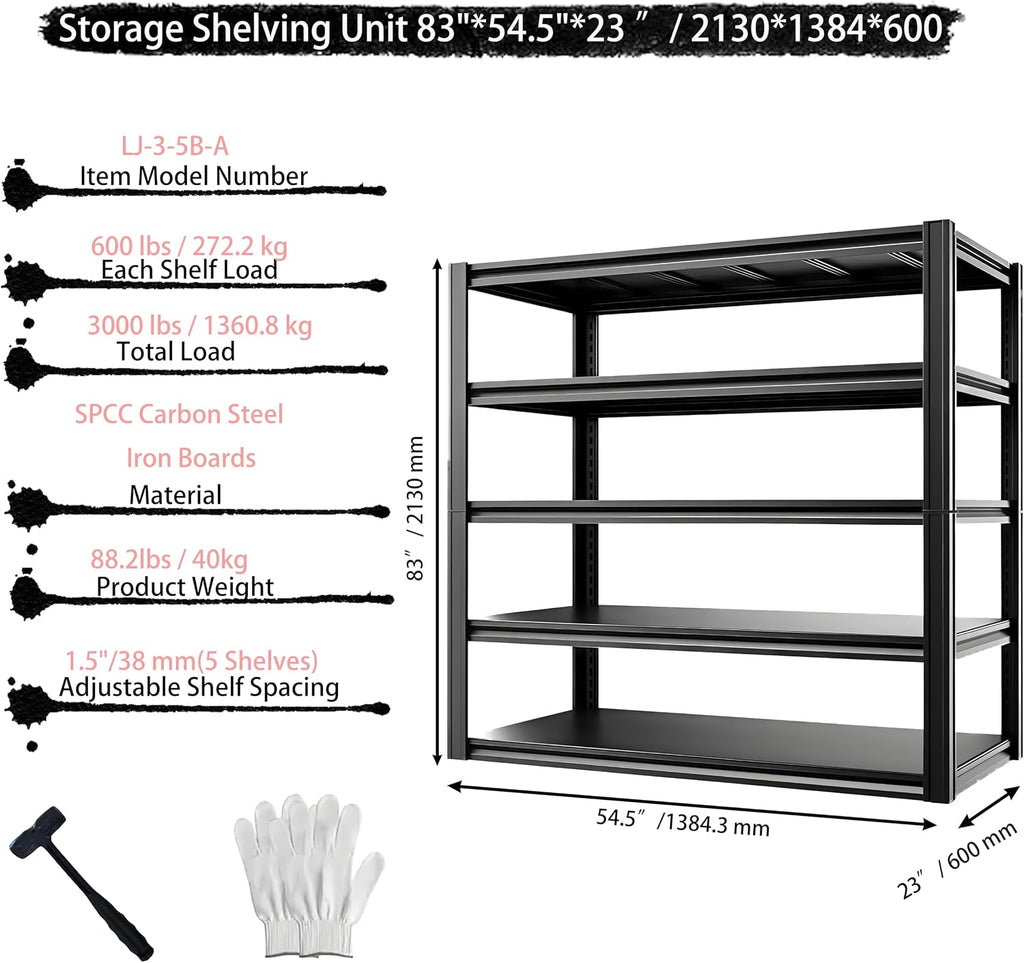 Industrial Storage Rack,Heavy-Duty Steel Shelving Unit 5-Tier,Multi-Purpose Garage Organization System Black 83' H x 54.5' W x 23' D