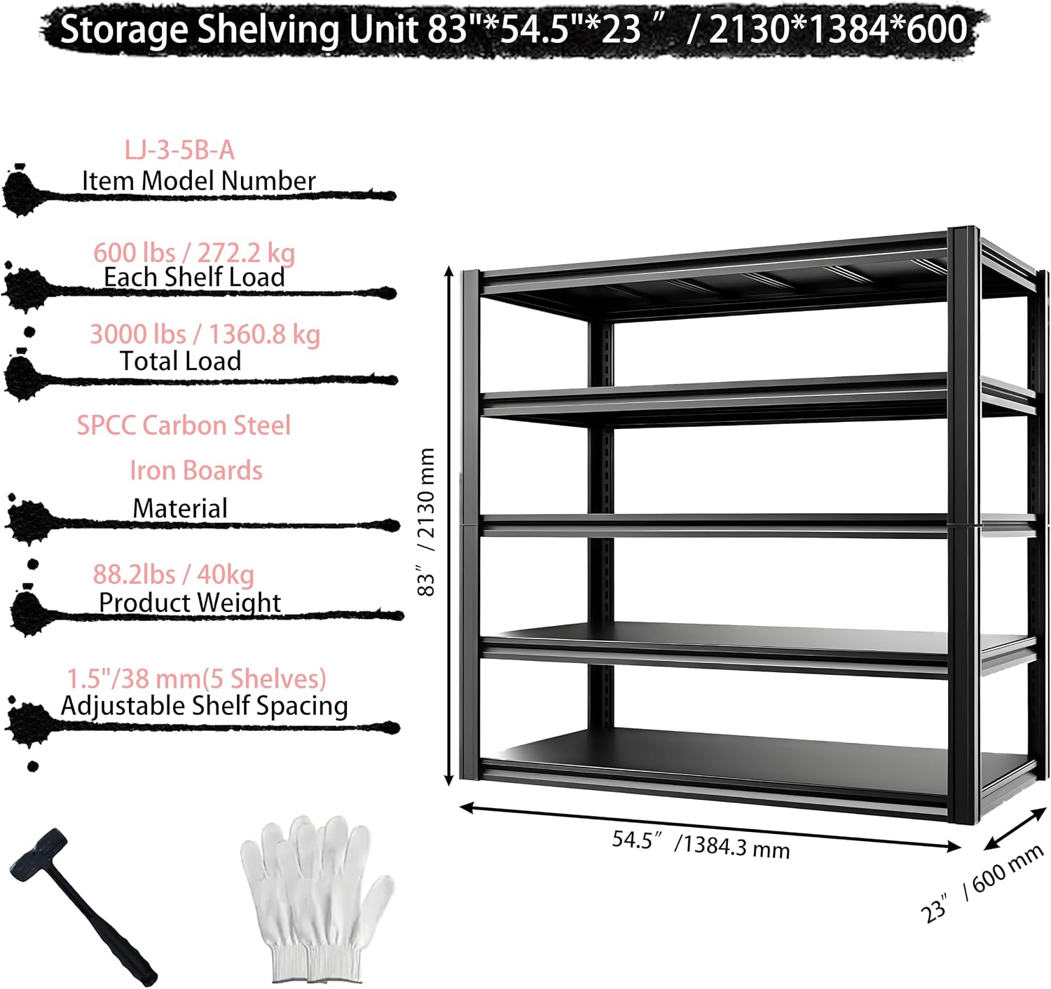 Industrial Storage Rack,Heavy-Duty Steel Shelving Unit 5-Tier,Multi-Purpose Garage Organization System Black 83' H x 54.5' W x 23' D