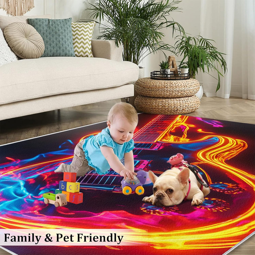 Burning Electric Guitar Rug for Bedroom 5x6 Rug Cool Instruments Rugs, Guitar Pattern Home Decor, Non Slip Washable Large Rugs, Rock Music Carpet for Boys and Girls Teen Playroom