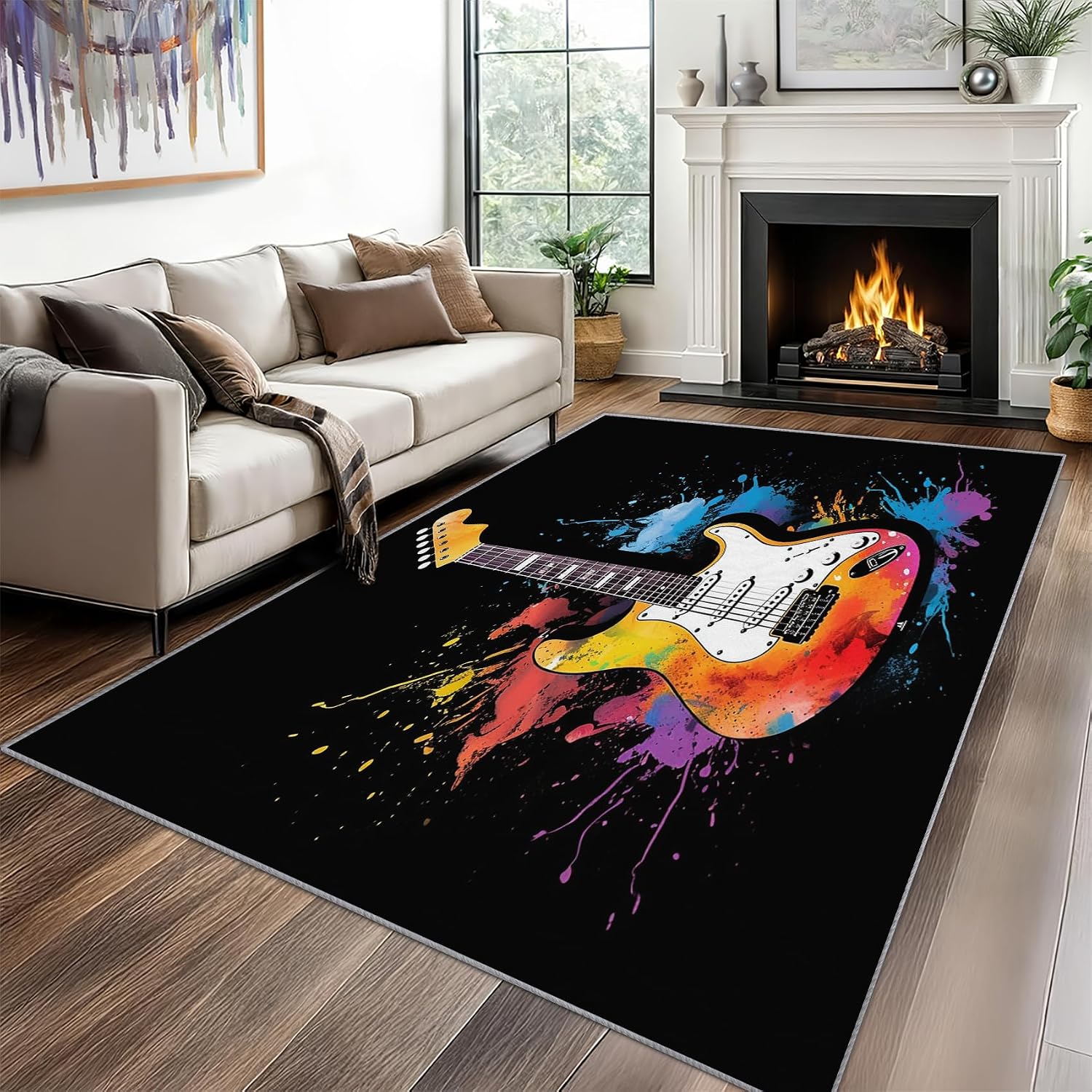 Guitar Area Rug, 5x6 Rug for Bedroom, Boys Rock Music Colorful Graffiti Washable Rugs for Living Room, Non Slip Soft Low Pile Stain Resistant Carpet, Guitar Room Decor