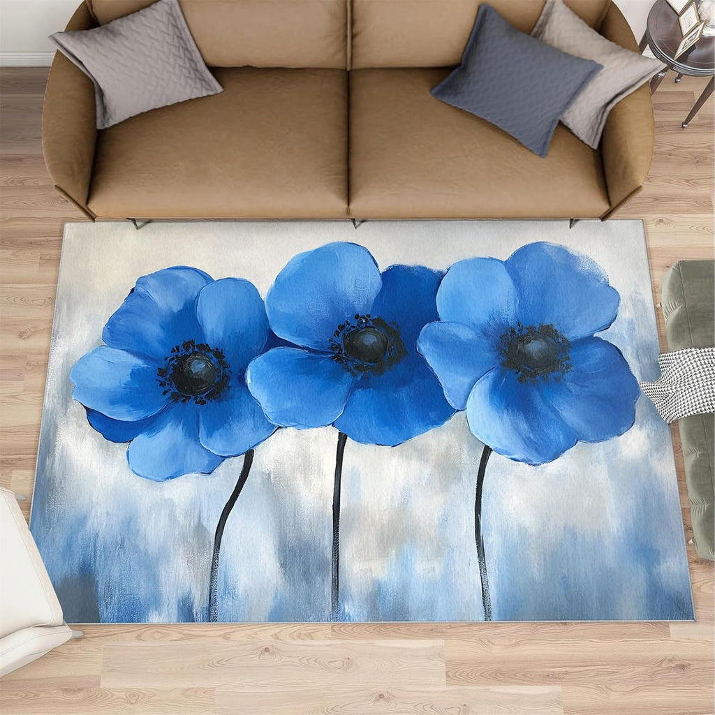 Watercolor Floral Rug 6x8-6x8 Rug, Blue Flower Area Rugs for Living Room, Modern Rugs for Bedroom, Aesthetic Non-Slip Mat, Floral Home Decor & Gifts