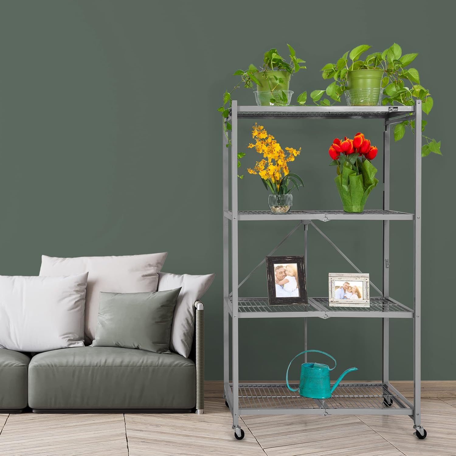 Origami R5 Foldable 4-Tier Garage Shelving Heavy Duty Shelving with Wheels, Metal Storage Rack Holds 1000 pounds, Garage Storage Rack & Organization, Storage Shelving (White, R5)
