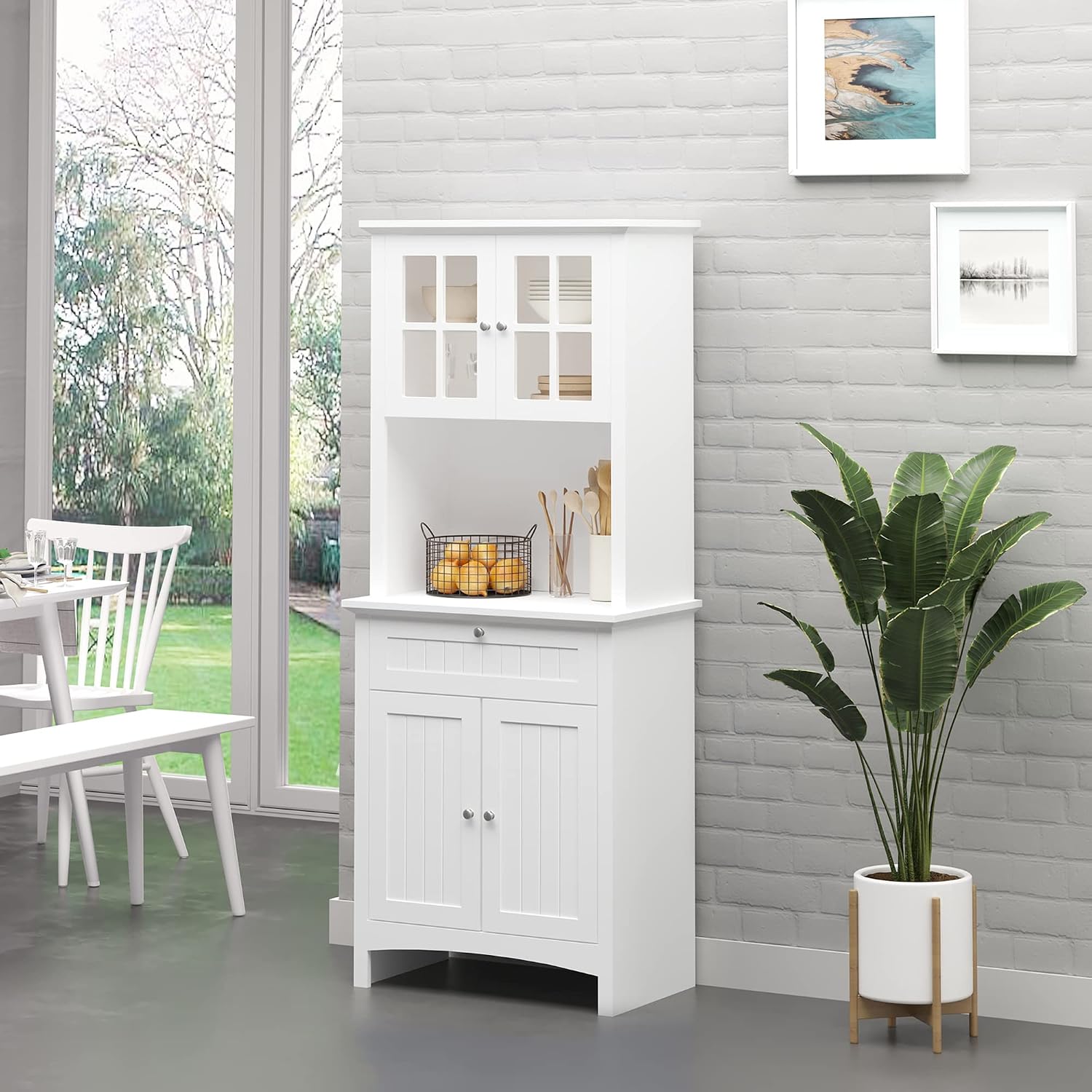 64' Anti-tip Freestanding Storage Cabinet, Kitchen Storage Bakers Rack with Adjustable Shelves, Utility Food Cupboard with Glass Door for Kitchen Dining Living Rooms, White