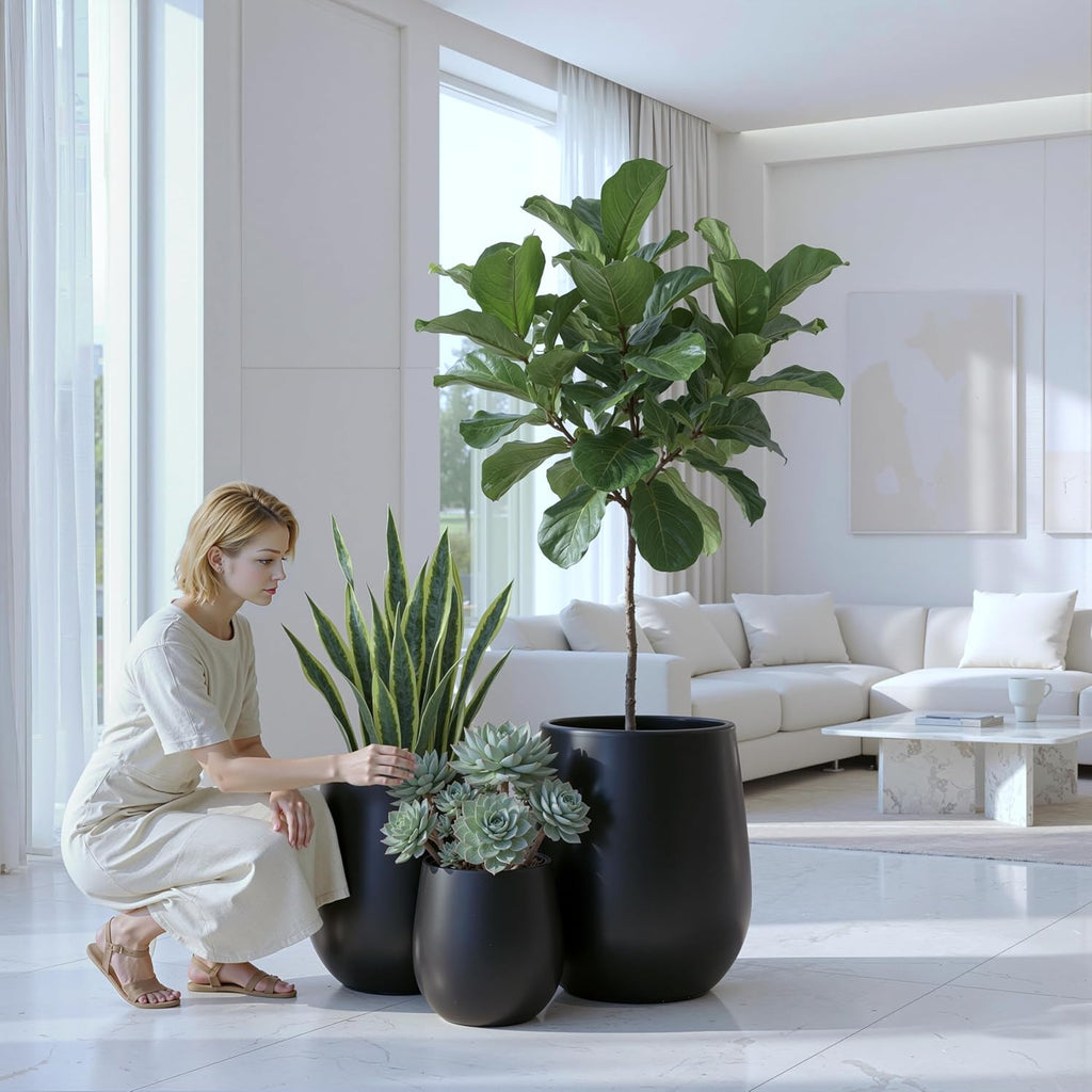 DTY Premium Mt Wilson Tall Tapered Fiberstone Planter for Indoor Outdoor Use, Modern Large Olive Tree Pot with Drainage Hole, Includes 2 Coco Mats. Black, Large 20.1'' D x 21.9'' H. 15.4' Pot Opening