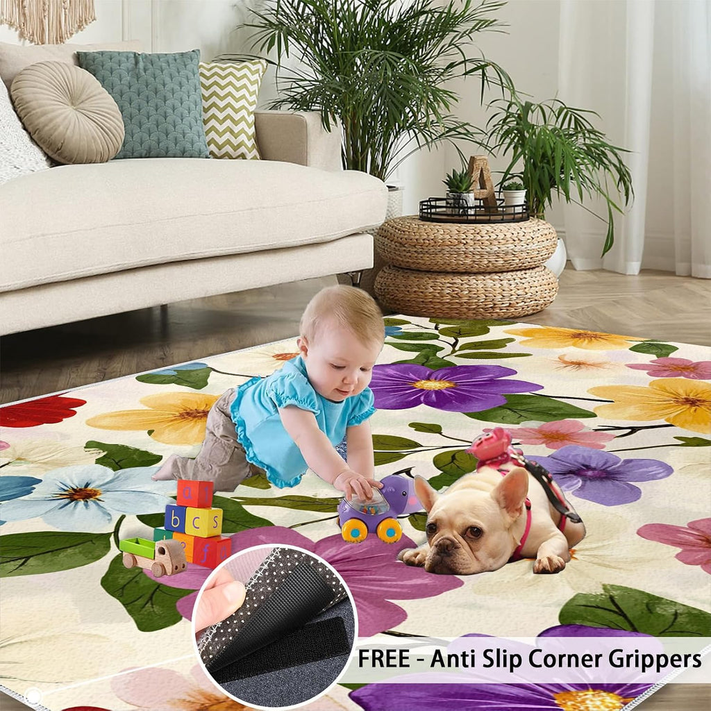 Floral Area Rug Large - 6x8 Rug, Boho Floral Rugs for Living Room, Beige Carpet, Retro Flower Washable Area Rugs for Bedroom, Boho Carpet, Flower Home Decor