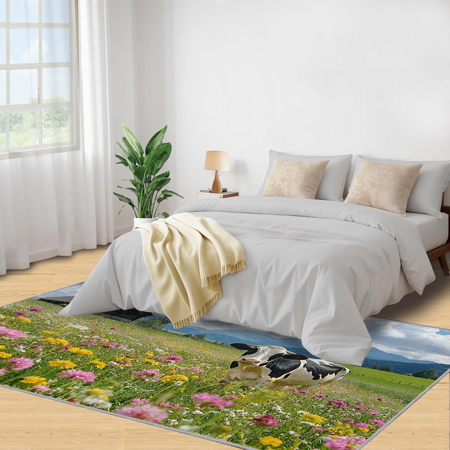 Dairy Cows Rugs for Bedroom - 6x8 Area Rug - Western Farms Rugs for Living Room, Floral Animals Rug, Washable Home Decor Carpet