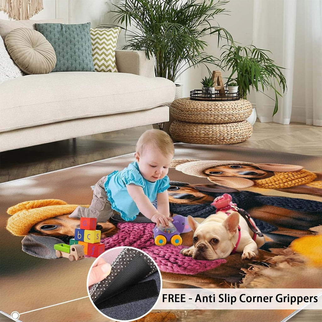 Dachshund Rugs for Bedroom, Autumn Fashion Rug 6x8, Dog Portrait Dining Room Rugs Washable & Non Slip Large Carpet for Home Decor