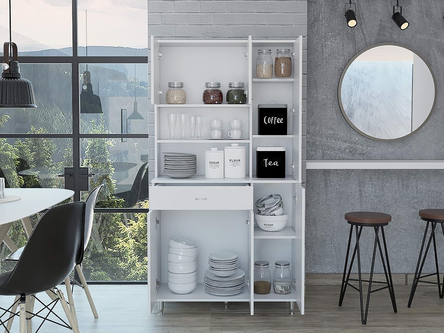 66' High-Capacity Freestanding Storage Cabinet, Kitchen Storage Bakers Rack with Multi-Shelves, Utility Food Cupboard with Drawer for Home Kitchen Areas, White