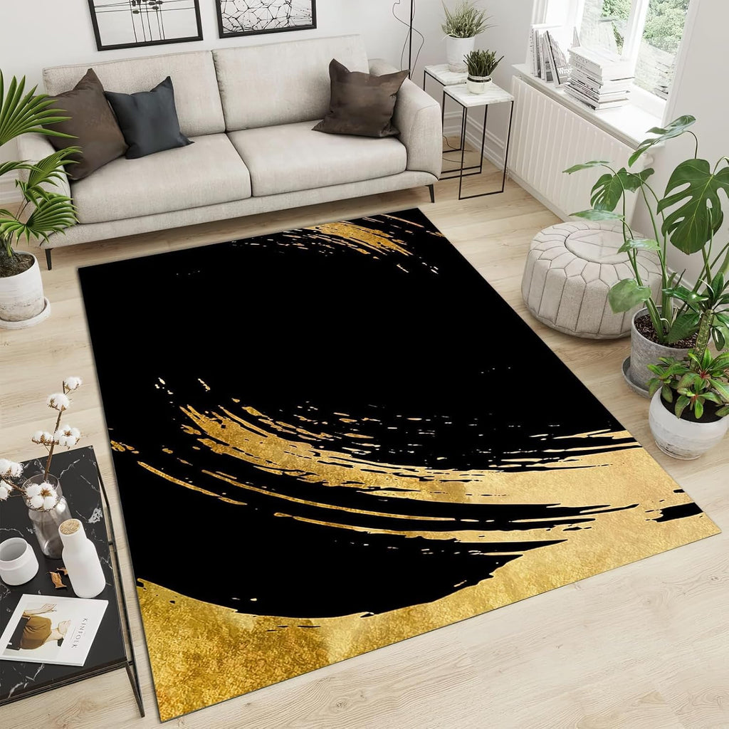 6x8 Rug Abstract Golden Stripes Indoor Non-Slip Kids Rug, Black and Gold Graffiti Art Upholstery Rug with Non-Slip Backing for Kids Boys Girls Bedroom Living Room Dining Room Study