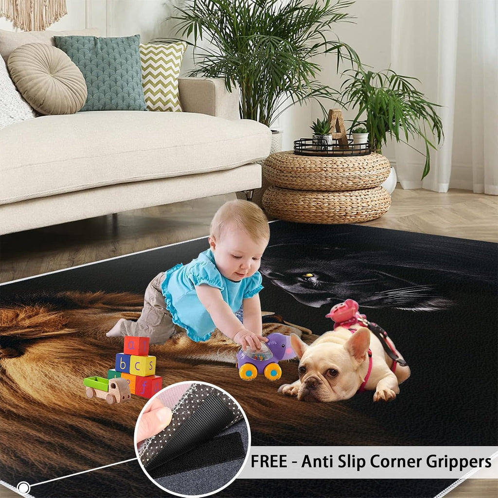 Animal Area Rug Large - 6x8 Rug, Lion Rugs for Living Room, Leopard Area Rugs for Bedroom, Wild Animal Washable Carpet, Lion Home Decor & Gifts