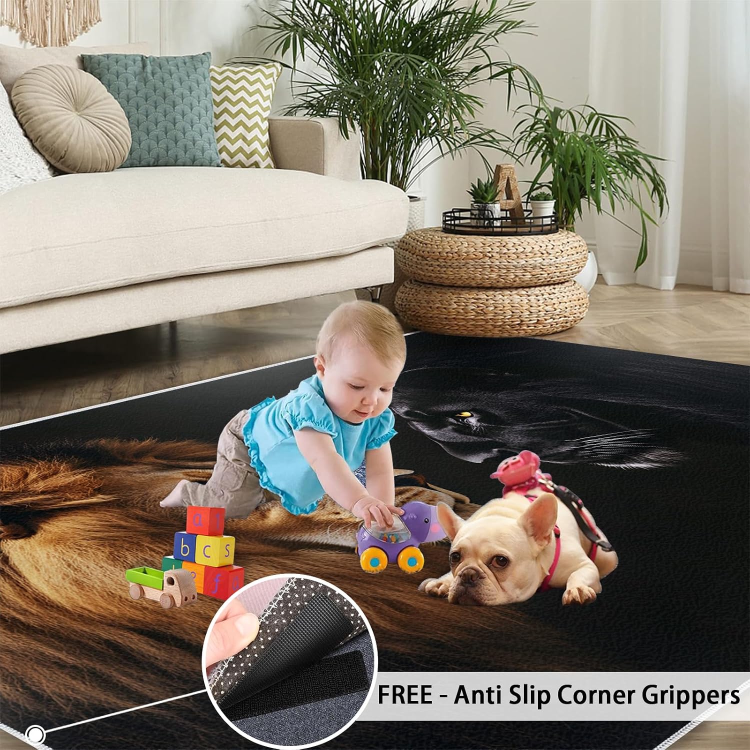 Animal Area Rug Large - 6x8 Rug, Lion Rugs for Living Room, Leopard Area Rugs for Bedroom, Wild Animal Washable Carpet, Lion Home Decor & Gifts