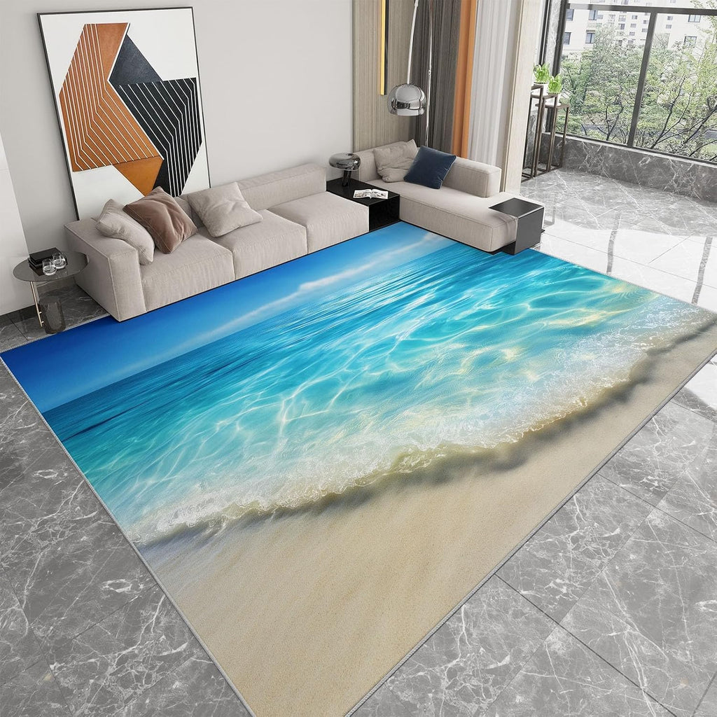 Washable Non-Slip Area Rug 5 x 7 ft, Ocean Beach Sunlight Print Washable Rugs for Living Room - Soft Nature Photography Low Pile Carpet for Bedroom Bedside Dining Room Nursery