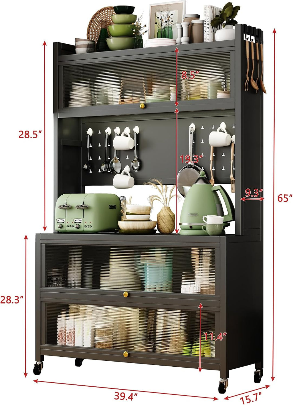 65-Inch Tall Kitchen Bakers Rack with Flip Door Cabinet, 5-Tier Microwave Stand and Coffee Bar, Pantry Storage with Pegboard Hooks, Quick Assembly, White,GreyMetal0
