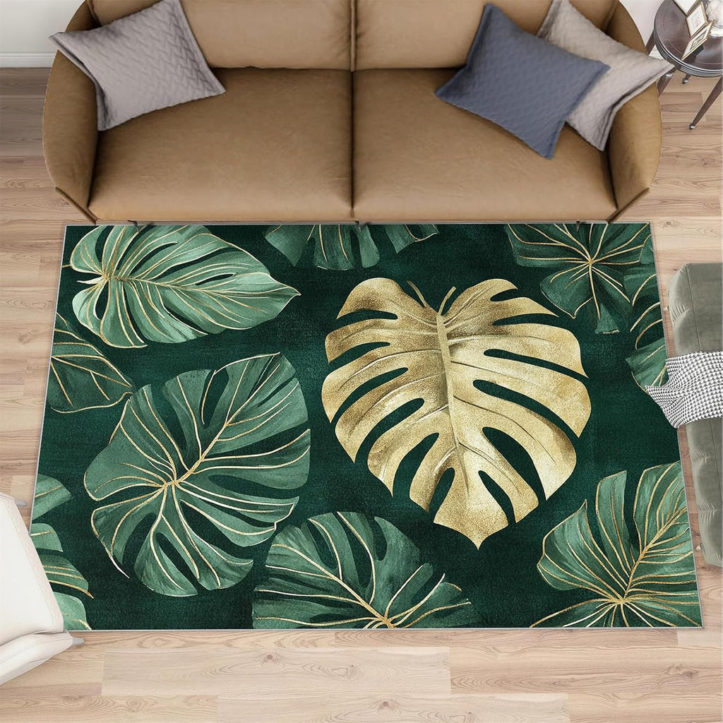 Monstera Rug 6x8-6x8 Rug, Emerald Green Gold Monstera Area Rugs for Bedroom, Tropical Rugs for Living Room, Luxury Washable Mat, Botanical Carpet, Leaves Home Decor & Gifts